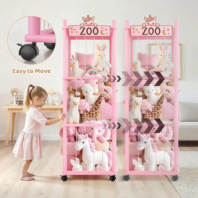 Stuffed Animal Storage Zoo Tower,56In Wooden Large Stuffed Animal Holder Organizer with Wheels,Stuffy Plushies Storage with Elastic Band&Mesh Bottom,Toy Organizers for Playroom Nursery（Pink）