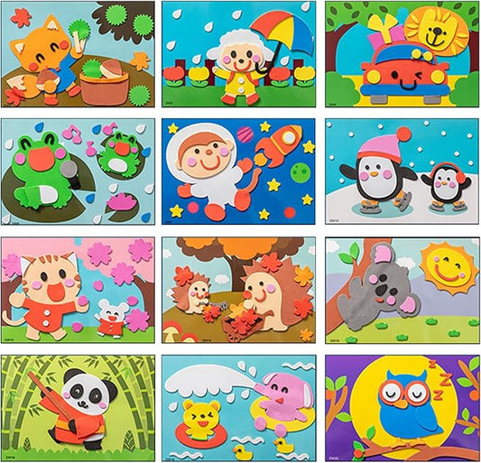 3D EVA Foam Stickers for Toddlers 12PCS Sticky Foam DIY Craft Preschool Art Class Drawing Sticker Puzzle Art Kit for Kids Boys Girls (Cartoon Animals B)