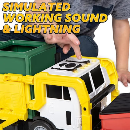 JOYIN Large Friction Powered Garbage Truck Toy Set, Includes 1 Dumpster, 3 Trash Bins, and 30 Learning Cards for Kids, Boy Toys Birthday Gift, Green
