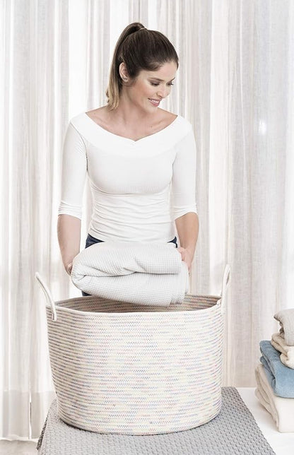 OrganiHaus Large Woven Storage Basket for Blankets and Toys 20" x 13" Inch, Rope Laundry Basket with Handles, Cushions & Pillows Storage Bin, Nursery Hamper, Soft Round Dog Toy Bin - Rainbow Stitches