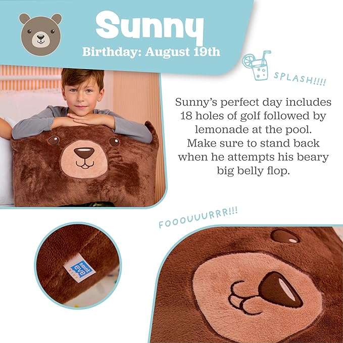 Saint Eve Kids Pillow Pals - Cute & Super Soft Animal Friends Decorative Fluffy Pillow Covers for Girls and Boys & Toddlers Beds, Playroom and Nap Time, Sensory Toys for Kids, Sunny the Bear