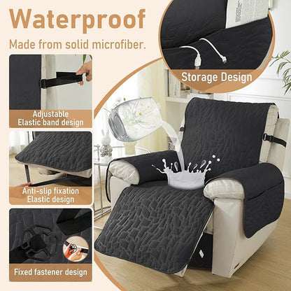 Recliner Covers That Stay in Place, 100% Waterproof Non-Slip Recliner Chair Covers with Pocket, Elastic Straps, Washable Reclining Chair Protector for Kids, Pets, Dog, Cat,Black,23IN