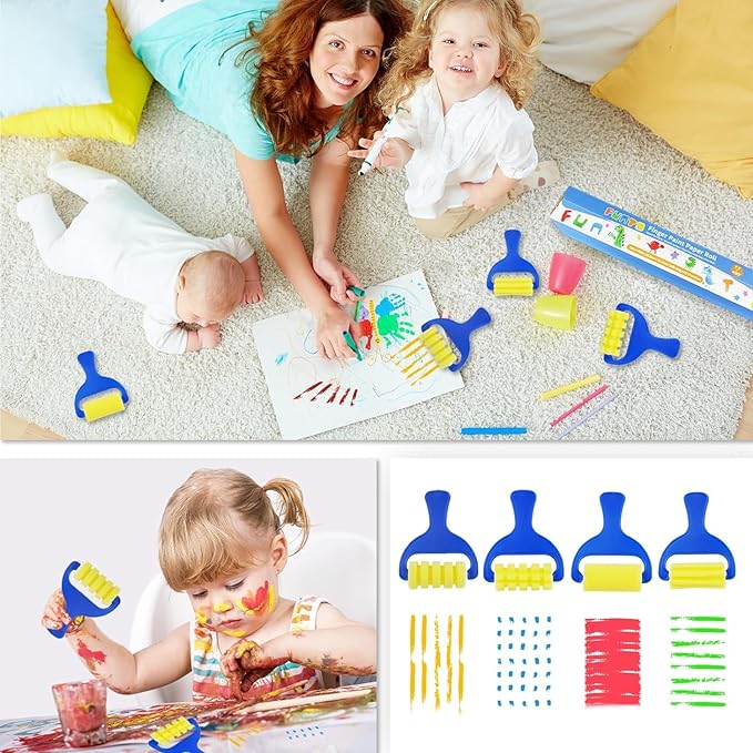 Funto Kids Washable Finger Paint Set, 25 PCS Non Toxic Art Painting Supplies for Baby, Includes Finger Paint Paper Roll, Brush Set, Arts Crafts for Toddlers Age 1-3