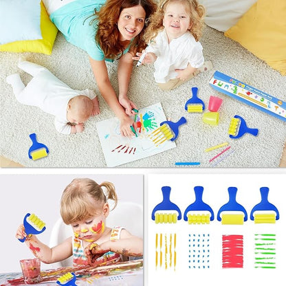 Funto Kids Washable Finger Paint Set, 25 PCS Non Toxic Art Painting Supplies for Baby, Includes Finger Paint Paper Roll, Brush Set, Arts Crafts for Toddlers Age 1-3