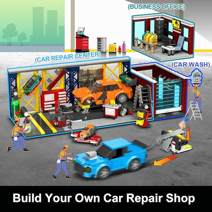 HOGOKIDS City Car Garage Building Set, 1022 PCS 3 IN 1 Auto Repair Shop, Gas Station, Car Wash Building Block with 2 Custom Cars Pretend Play Mechanic Toy Birthday Gift for 8-14+ Boys Teens Girls Kids