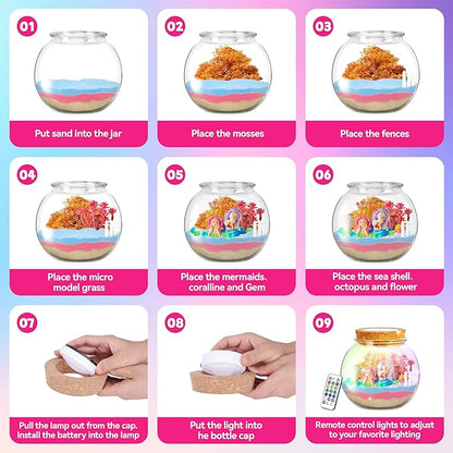 VigorFun Mermaid Terrarium Kit for Kids - Creative LED Night Light Gifts for Girls Birthday Age 3+, DIY Arts & Crafts Light Up Kit, Mermaids Toys for Kids 4 5 6 7 8 9 10 Year Old