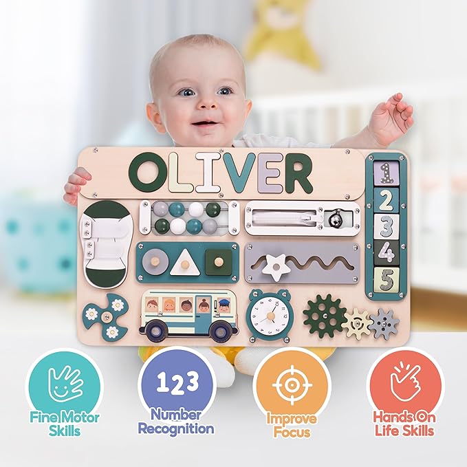 KALOTOYS Busy Board Bear for Toddlers Wooden Montessori Toys, Wooden Controller Sensory Toy for Autistic Children & ADHD Sensory Board for Education & Learning Green