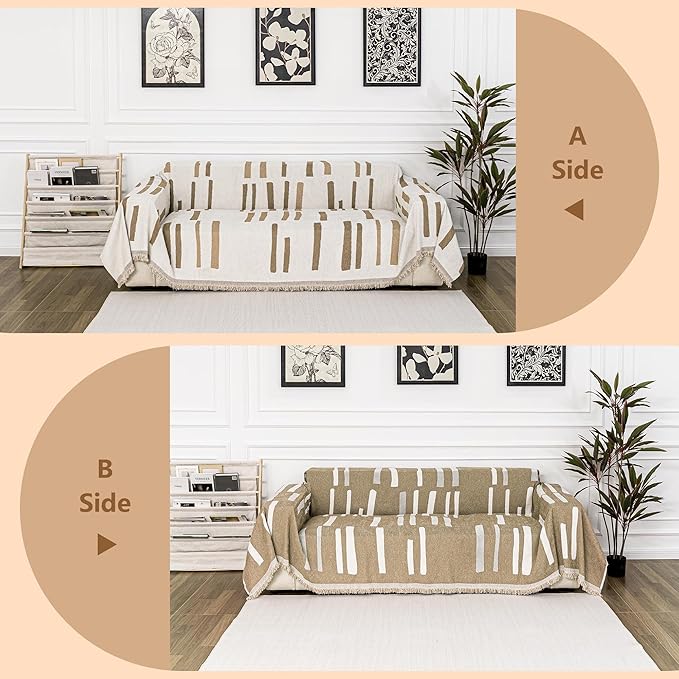 MYSKY HOME Sofa Covers for Sectional Sofa, Couch Cover for Dogs, Couch Covers with Tassel Loveseat Covers Futon Cover L Shaped Cover Washable Chenille Couch Protector, 71" x 118", Khaki Piano Key