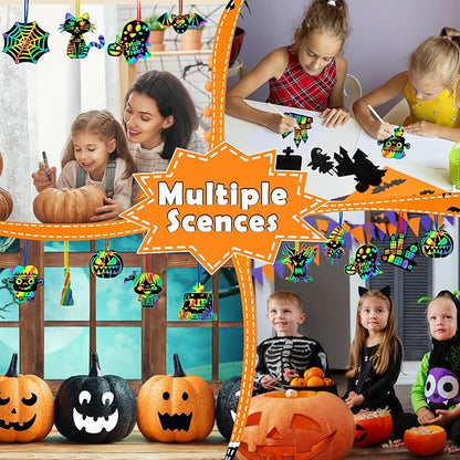 Halloween Scratch Paper Art Set - 48 Pcs Halloween Magic Rainbow Scratch Off Cards for Kids, Pumpkin, Ghost, Witch Hanging Ornaments for Halloween Party Favors Activities(12 Styles)