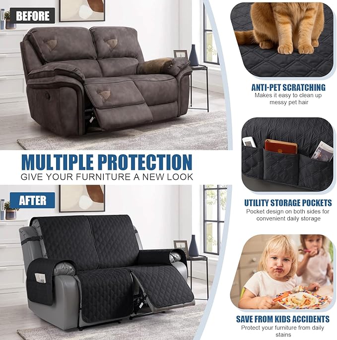 TAOCOCO 100% Waterproof Recliner Covers, Recliner Sofa Covers with Leg Straps, Reversible Recliner Couch Cover for Reclining Chair, Washable Couch Protector for Pets Kids(2 Seater, Black)