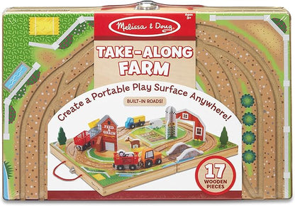 Melissa & Doug 17-Piece Wooden Take-Along Tabletop Farm, 4 Farm Vehicles, Play Pieces, Barn, Grain House Take-Along Pretend Play Toy Barn Toys For Toddlers Ages 1+