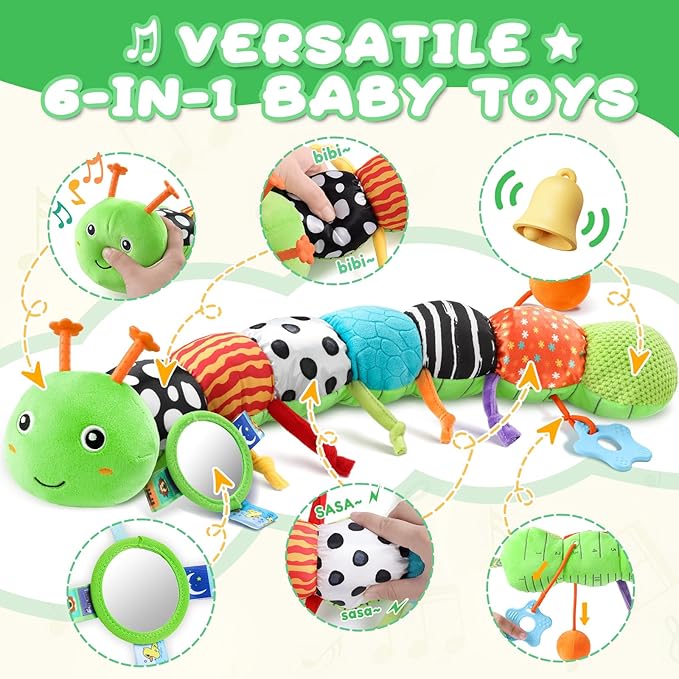 AWOTOY Baby Toys 0-6-12 Months,Musical Caterpillar Stuffed Animals Activity Infant Toys with Crinkle,Rattles,Mirror&Pull String,Muti-Sensory Toys Gifts for Newborn Tummy Time,Green,Knot prolegs