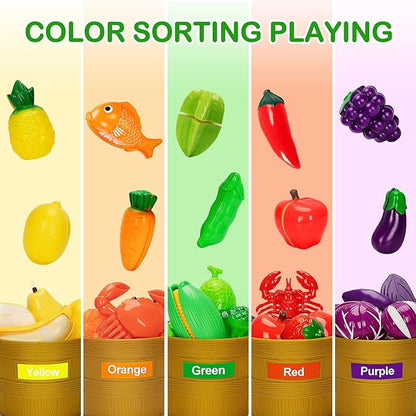 Play Food Set for Kids Kitchen- 68 Pcs Kitchen Food Toy for Toddlers, Cutting & Color Sorting Fake Food/ Fruit/ Vegetable Accessories, Birthday Gifts for 2 3 4 5 Years Old Boys Girls