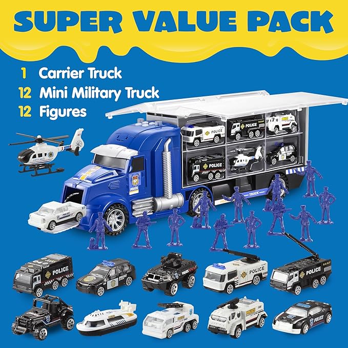 JOYIN 25 in 1 Police Rescue Truck Car Toy Set with Sounds and Lights, Mini Vehicles in Carrier Truck, Play Police Patrol Rescue Vehicle Toy, Birthday Gifts for Over 3 Years Old Boys, Easter Basket