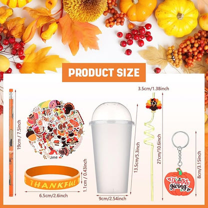 24 Set Fall Pumpkin Party Favor Thanksgiving Party Supplies Maple Turkey Keychain Pencil Straw Sticker Silicone Bracelet for Thanksgiving Goodie Bag Fillers Classroom Gifts