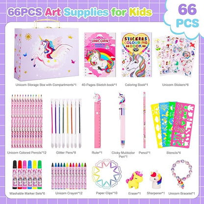 homicozy Art Supplies for Kids,66PCS Drawing Kits with Unicorn Storage Case for Girls Age 4-12,Coloring Art Case,Crayon,Colored Pencils,Coloring Book Sketch Book Drawing Stuff,Gift Toys for Girls 4 Up
