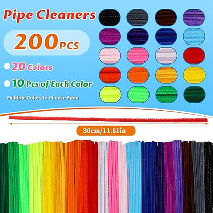 200 Pcs Pipe Cleaners, 20 Colors Creative Chenille Stems Pipe Cleaners Craft, Fuzzy Pipe Cleaners Bulk for Crafts, DIY Pipe Cleaner for Home Arts and Crafts Decorations Supplies
