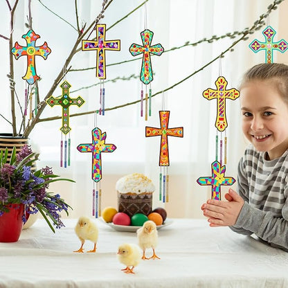 gisgfim Easter 16 Pack Cross Wind Chime Crafts Kits for Kids Make Your Own Sunday School Craft Christian Crafts Wooden DIY Arts for Party School Classroom Decorations Supplies Birthday Favors