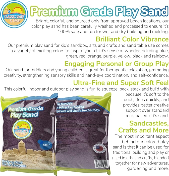 Classic Sand and Play Purple Colored Play Sand, 5 lb. Bag, Natural and Non-Toxic, Fun Wet and Dry Indoor and Outdoor, Sandbox, Therapy, and Table Use, Building, Stimulate Sensory Needs