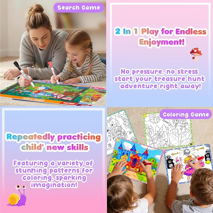 Search and Find Activity Books for Kids Ages 3-5, 2 In 1 Princess Preschool Educational Seek Game Coloring Books, Travel Games Toys for Car Airplane, Road Trip Activities for Kids, Birthday Gifts