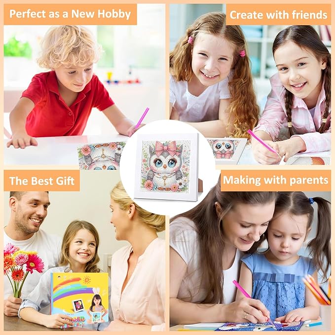 Aestalrcus Diamond Art for Kids Cartoon, Owl Diamond Painting Kits for Kids Ages 4-8-12, Easy Crystal Gem Art for Kid Gift Home Wall Decor 6x6inch(with Frame)