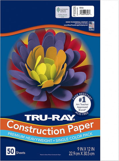 Tru-Ray® Construction Paper, 50% Recycled, 9" x 12", White, Pack Of 50