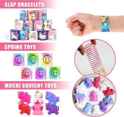 Unicorn Party Favors Unicorn Figures Goodie Rainbow Elastic Ball Bracelets Stickers Gifts Pinata Filler Bulk Toys for Unicorn Party Girl Kid Birthday Party Stuffers Supplies (Style 01)