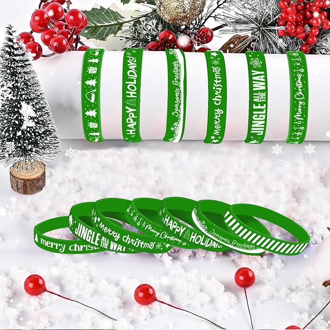 Morcheiong 42 Pieces Christmas Rubber Bracelets 7 Classic Design Silicone Wristbands for Merry Xmas Party Favors (Green)