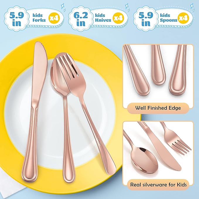 12-Piece Copper Kids Silverware, E-far Stainless Steel Toddler Kids Utensils Safe for Preschooler/Children, Includes 4 Forks 4 Spoons 4 Knife, Slimline Look & Small Size, Rust Free
