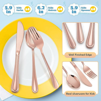 12-Piece Copper Kids Silverware, E-far Stainless Steel Toddler Kids Utensils Safe for Preschooler/Children, Includes 4 Forks 4 Spoons 4 Knife, Slimline Look & Small Size, Rust Free