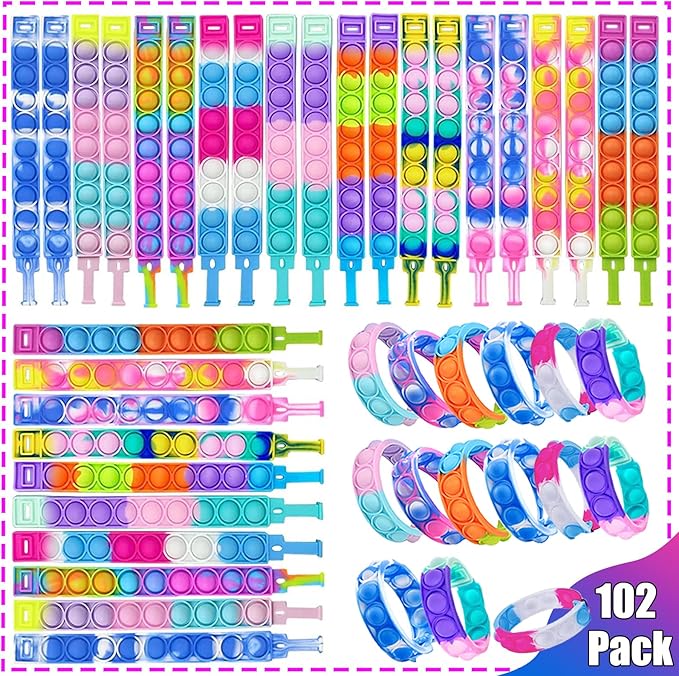 102pcs Pop Bracelet Party Favors Fidget Bracelet It Birthday Party Favors for Kids Goodie Bags Stuffers Classroom Prizes Brand: MEZHOBBY