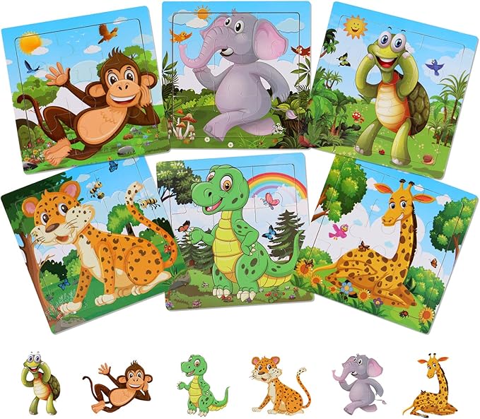 NASHRIO Wooden Puzzles for Toddlers 2-5 Years Old(Set of 6), 9 Pieces Preschool Educational and Learning Animal Jigsaw Puzzle Toy Gift Set for Boys and Girls