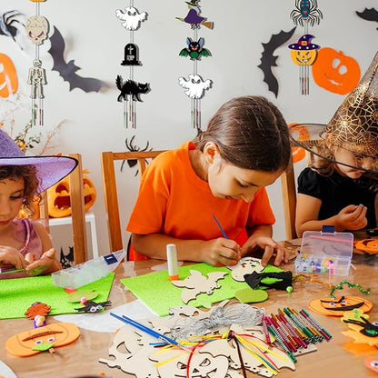 9 Pack Halloween Wind Chime Kit for Kids,Halloween Craft Kits Wooden Wind Chime Decorative Hanging Ornaments DIY Painting Craft for Boys Girls Family Activities Halloween Party Supplies