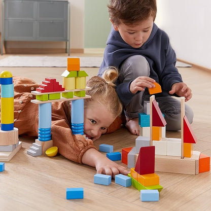 HABA Colored Wooden Building Blocks- Set of 85 Piece Set of Wooden Toys, Stacking Toys for Toddlers 1-3 Ideal Open Ended Toys (Made in Germany)