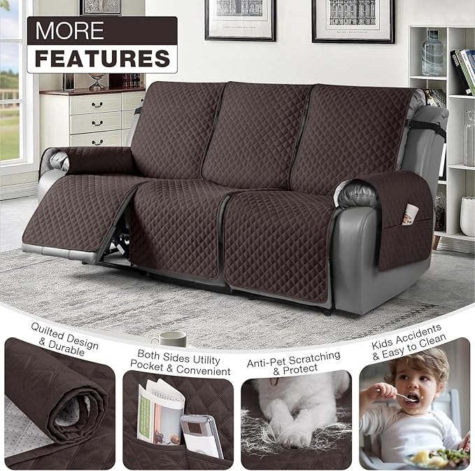 TAOCOCO Recliner Sofa Slipcover Couch Covers for 3 Cushion Couch, Pet Sofa Cover for 3 Seat Recliner Sofa, Washable Reclining Sofa Cover Furniture Protector with Elastic Straps(3 Seater, Chocolate)