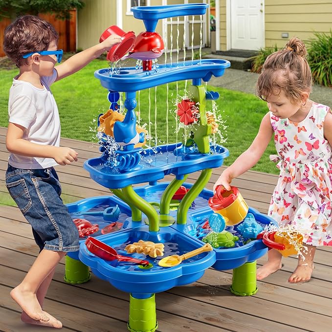 Water Table for Toddlers 1-3 3-5, 4-Tier Water Table for Kids with Sand Beach Toys, Water and Sand Sensory Table Beach Outdoor Birthday Gifts Toys for Kids Toddlers Age 3 4 5 6 7 8 Boys Girls