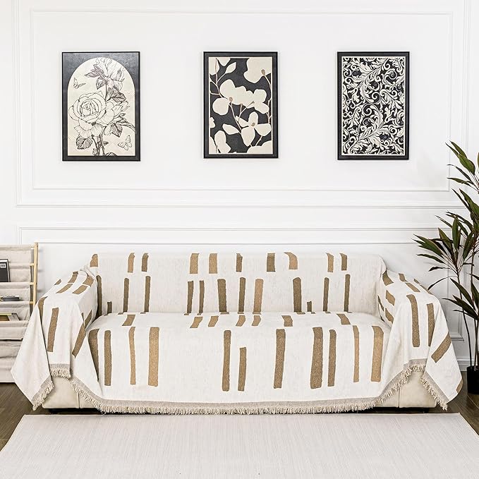 MYSKY HOME Sofa Covers for Sectional Sofa, Couch Cover for Dogs, Couch Covers with Tassel Loveseat Covers Futon Cover L Shaped Cover Washable Chenille Couch Protector, 71" x 134", Khaki Piano Key