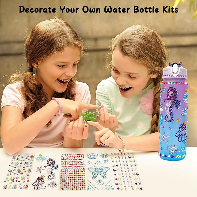 Valentines Day Gifts for Girls, Decorate Your Own Water Bottle Kits for Girls 4-12, Girls Water Bottle, Gem Stickers DIY Arts and Crafts Kits Supplies for Girls, Birthday Easter Gifts for Girls