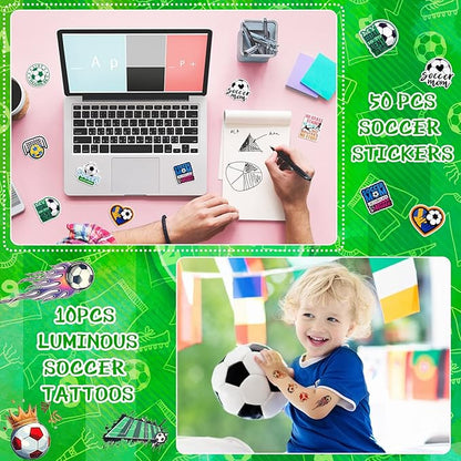 140 Pcs Soccer Party Favors Set Soccer Sticker Slap Bracelet Keychain Soccer Tattoos Soccer Fidget Toy Whistle Soccer Treat Bags with Sealing Stickers for Teens Adults Soccer Themed Party Supplies