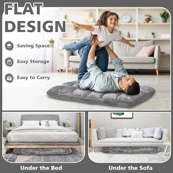 Folding Floor Chair 14-Position Cushioned Adjustable Floor Lazy Sofa Chair w/Breathable Cotton & Skin-Friendly Flannel for Adults & Kids Ideal for Reading Meditating, Grey