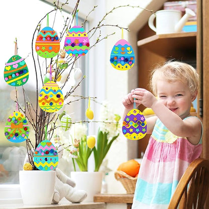 24 Sets Easter Egg Ornaments Decorations DIY 3D Easter Craft Kits Assorted Egg Shaped Foam Cutouts Easter Foam Stickers Pom-poms for Kids Party Favors Easter Spring Classroom Activity Art Project