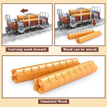 Finger Rock City Freight Train Car Building Toy Sets, Classic Wooden Carriage Cargo Train Model, 150 Pcs MOC Construction Toys for Train Lovers,STEM Gifts for Boys Girls 6 7 8+