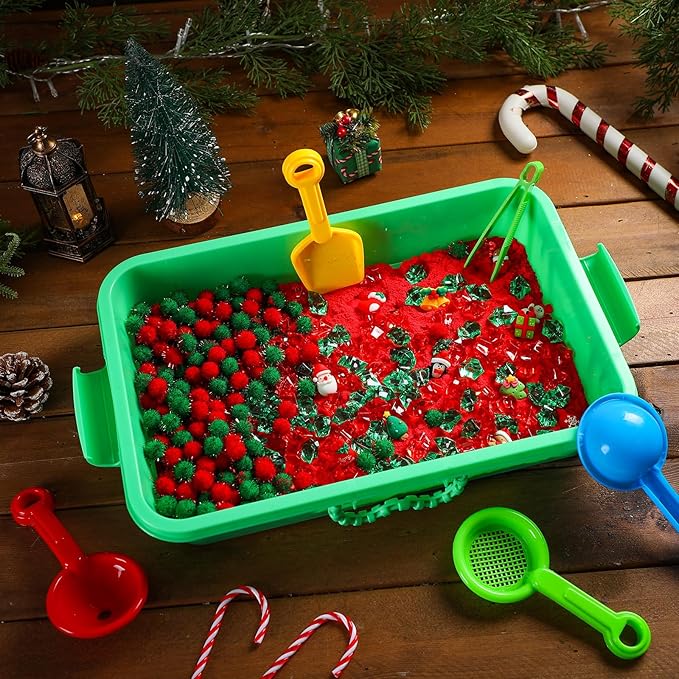 Christmas Sensory Bin with Lid, 317 Pcs Christmas Sensory Sand Kit with Christmas Toys Preschool Learning Activities Tools Box Outdoor Sandbox Toys Christmas Gift for Girls and Boy