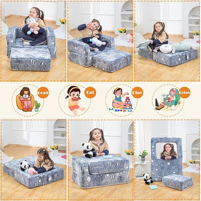 Kids Nugget Play Couch 3-in-1 Modular Toddler Couch Baby Couch Foam Armchair for Boys & Girls Children Convertible Sectional Sofa to Lounger Fold Out Kids Furniture, Grow in The Dark Universe