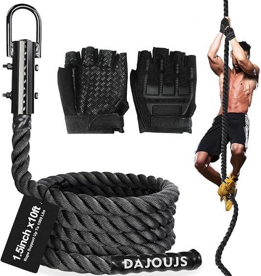 Climbing Rope Gym Workout - 1.5 Inch Dia 10FT 15FT 20FT 25FT 30FT 35FT 40FT 50FT Heavy Duty Work Out Rope Exercise Climbing Ropes for Adults Kids Fitness & Strength Training Outdoor & Indoor - Black