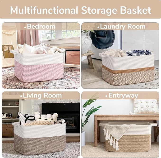 Goodpick Large Woven Blanket Basket 21.6" x 14.9" x 11.8" Storage Baskets for Organizing, Baby Laundry Basket with Handles, Toy Storage Baskets for Living Room Nursery, Brown