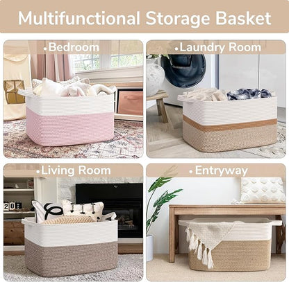 Goodpick Large Woven Blanket Basket 21.6" x 14.9" x 11.8" Storage Baskets for Organizing, Baby Laundry Basket with Handles, Toy Storage Baskets for Living Room Nursery, Brown