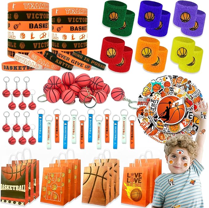 Basketball Party Favors 110Pcs Basketball Themed Birthday Party Supplies Wristbands Basketball Keychains Bracelets Bags Stickers Pinata Filler