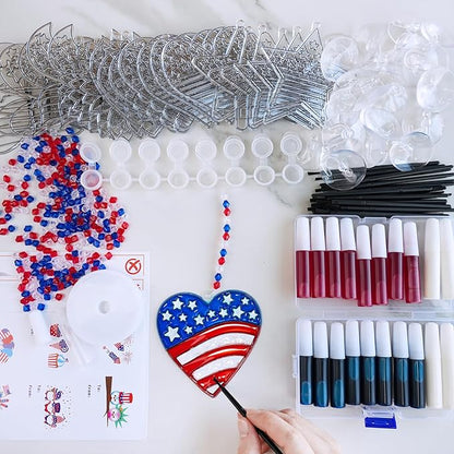 24 Sets Patriotic Suncatchers Ornaments Decorations DIY Window Paint Art Stickers Craft Kit American Star Heart Sun Catchers for Kids Classroom Patriotic 4th of July Activity Art Projects Party Favors