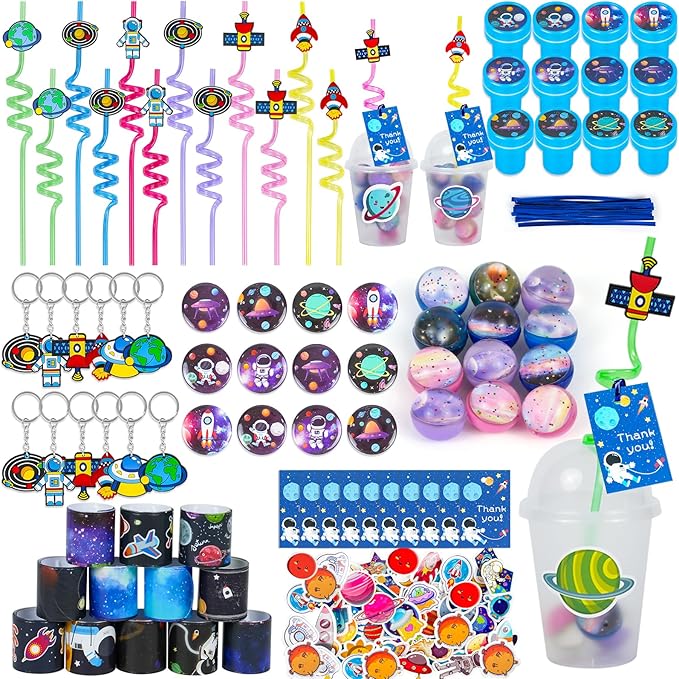 LiYiQ 161 Pcs Space Party Favors with Cup Straws Stress Ball Space Pins Slap Bracelets Keychains Stamps Stickers Twist Ties and Gift Card for Kids Space Birthday Party Supplies (style 1)